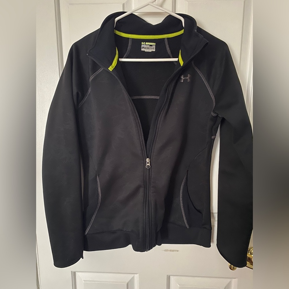 GUC Under Armour Jacket Woman’s Medium Black Full Zip Green Cold Gear Loose Gym
